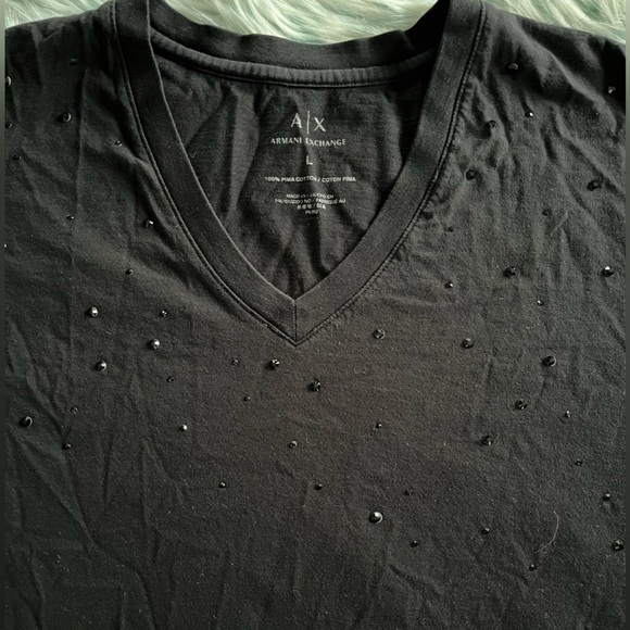 Luxury V Neck, Armani Exchange, Black T-shirt With Black Glitter Accents. - Picture 6 of 7